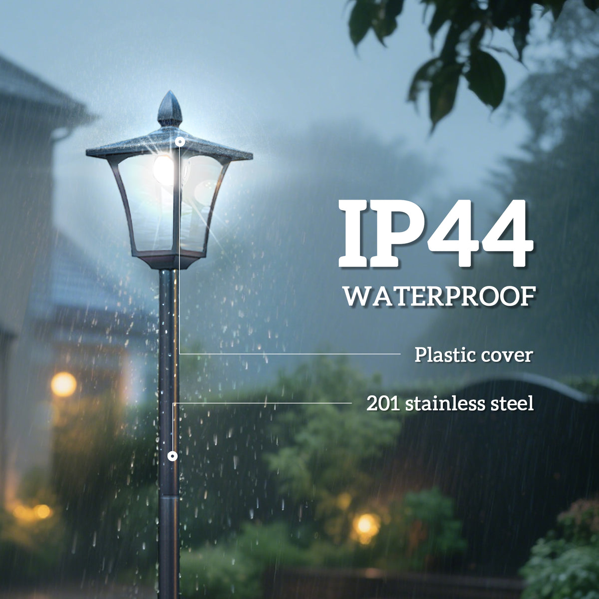 Black solar garden lamp post with lantern head, shown with rain-resistant construction