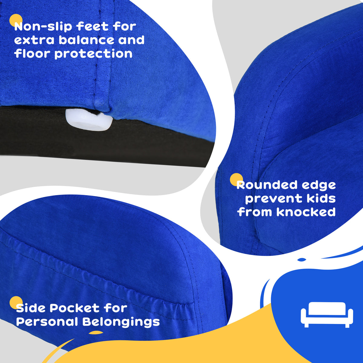 Blue kids' armchair details include a side pocket, rounded edges, and non-slip feet.