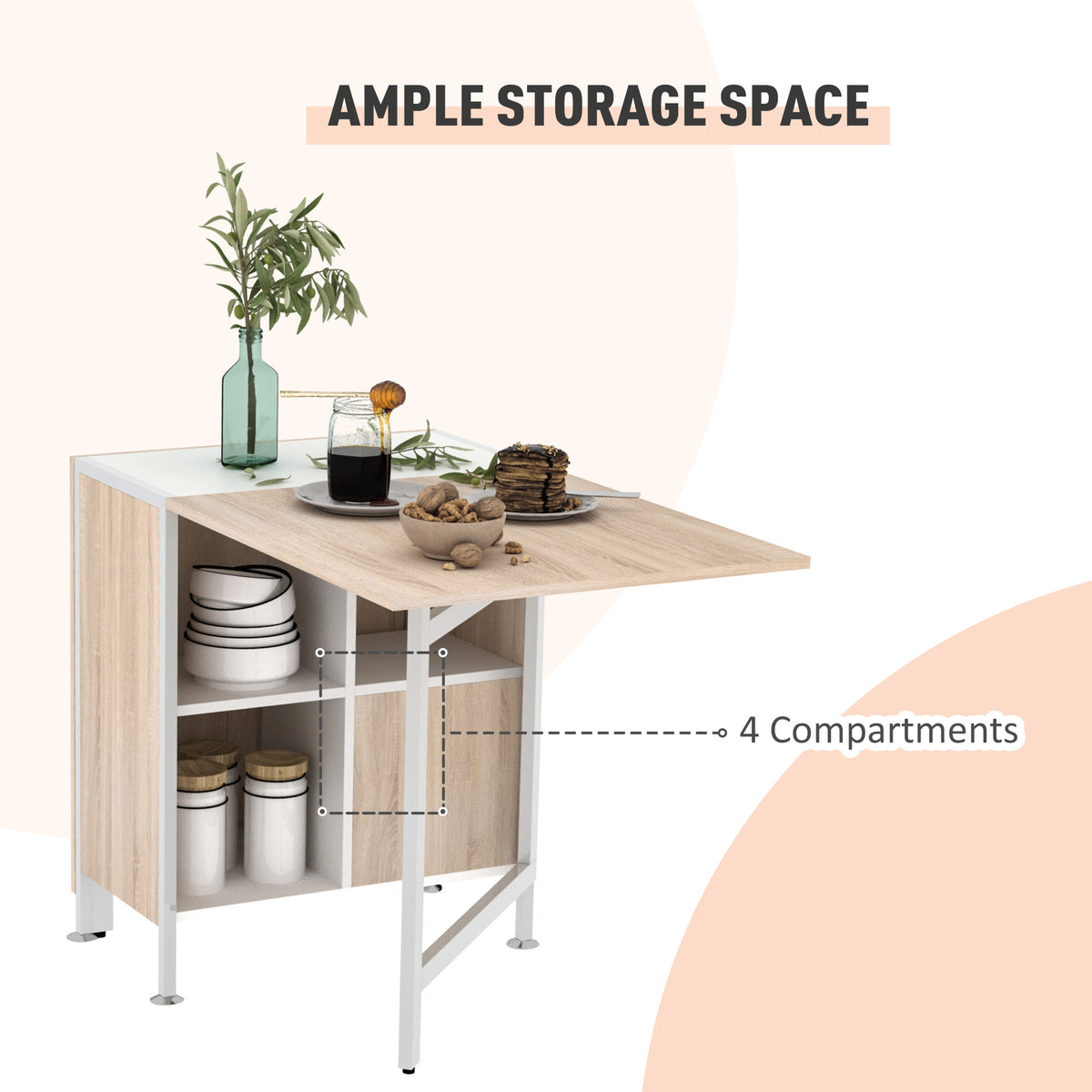 Extended table with four storage compartments beneath the oak-look top