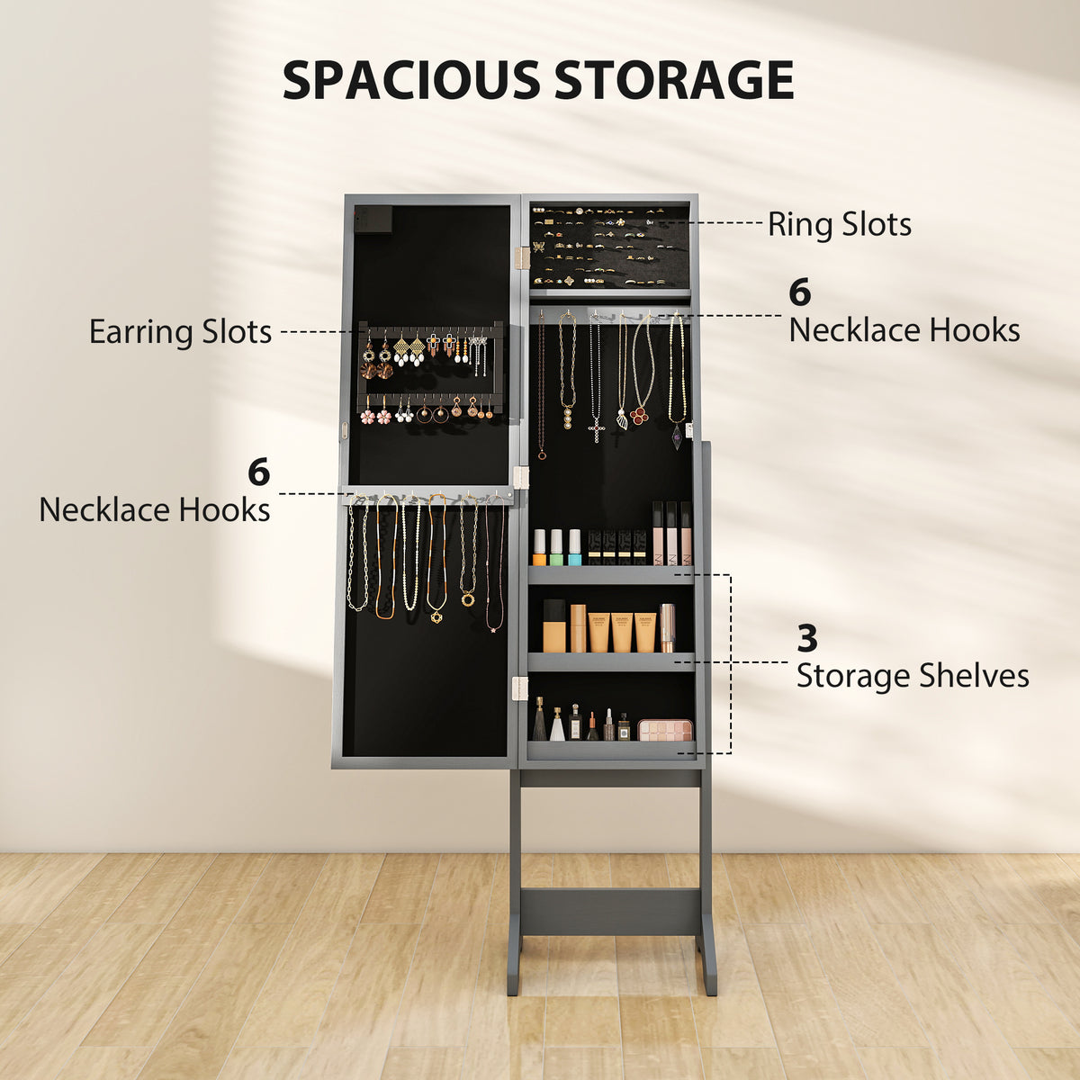 HOMCOM Freestanding Mirrored Jewellery Storage Cabinet - Grey