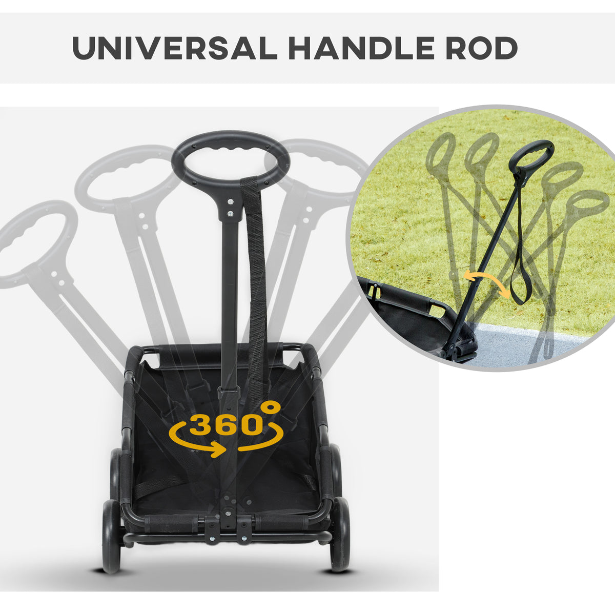Black pet wagon with a 360-degree rotating handle shown in multiple positions.