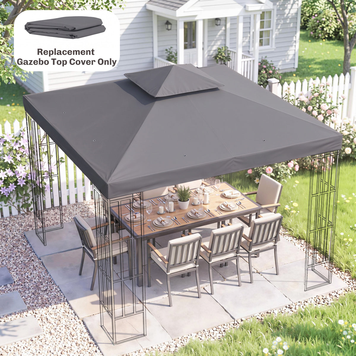 Deep gray two-tier replacement gazebo top cover shown on a pavilion