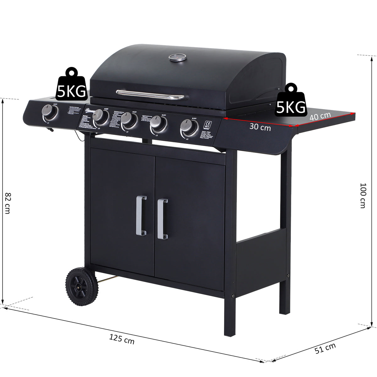Black gas BBQ grill with closed lid, side shelves, cabinet, wheels and dimension markings