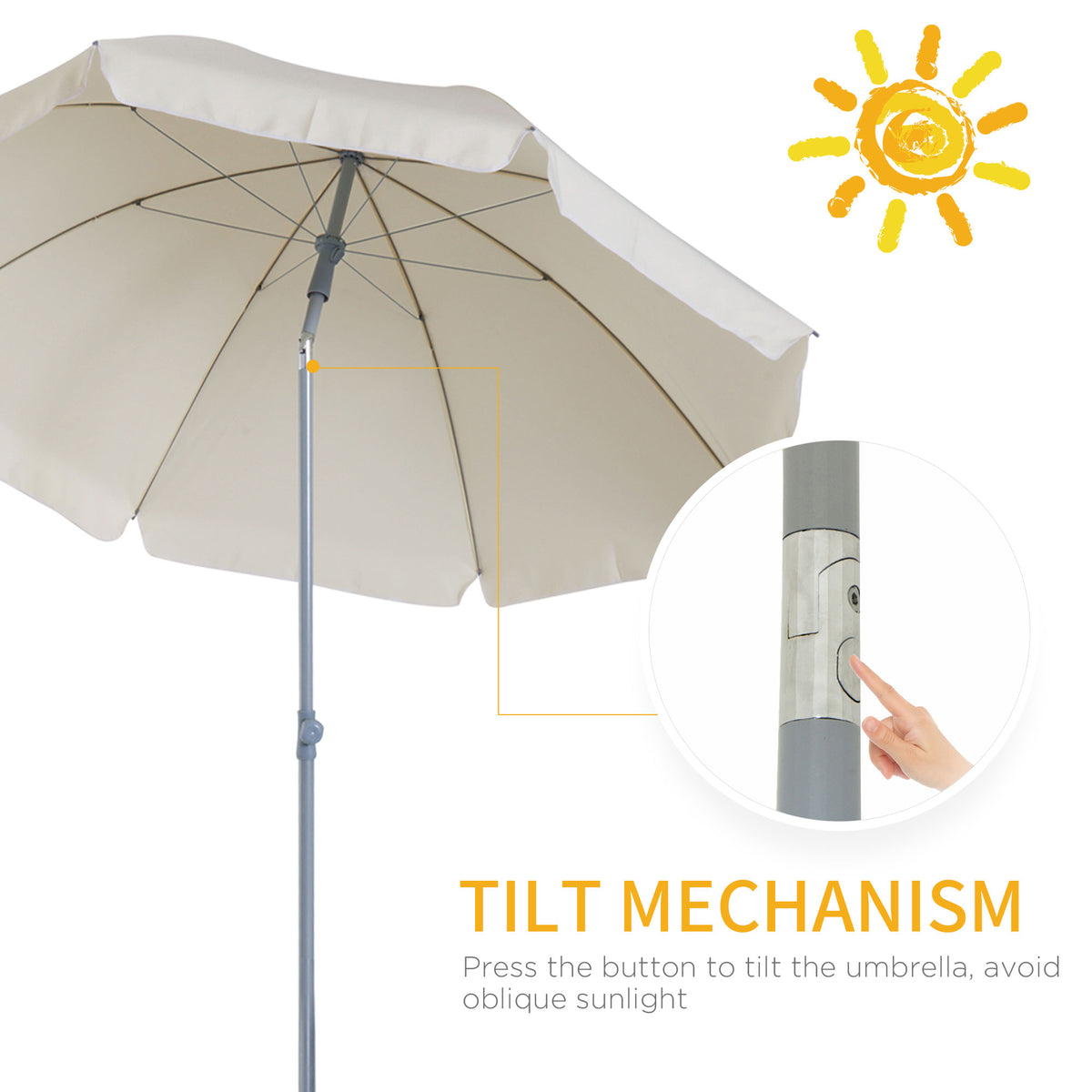 Cream tilting beach umbrella with a button-operated tilt mechanism