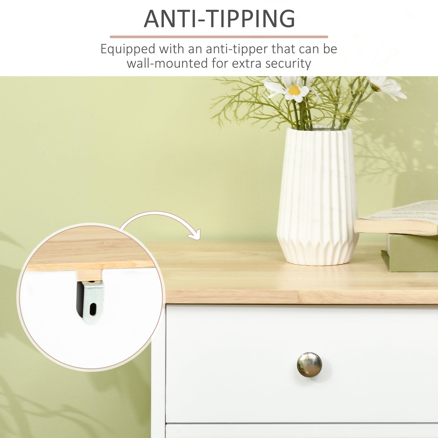 Sideboard top and drawer with a close-up inset of the anti-tip wall-mount bracket.