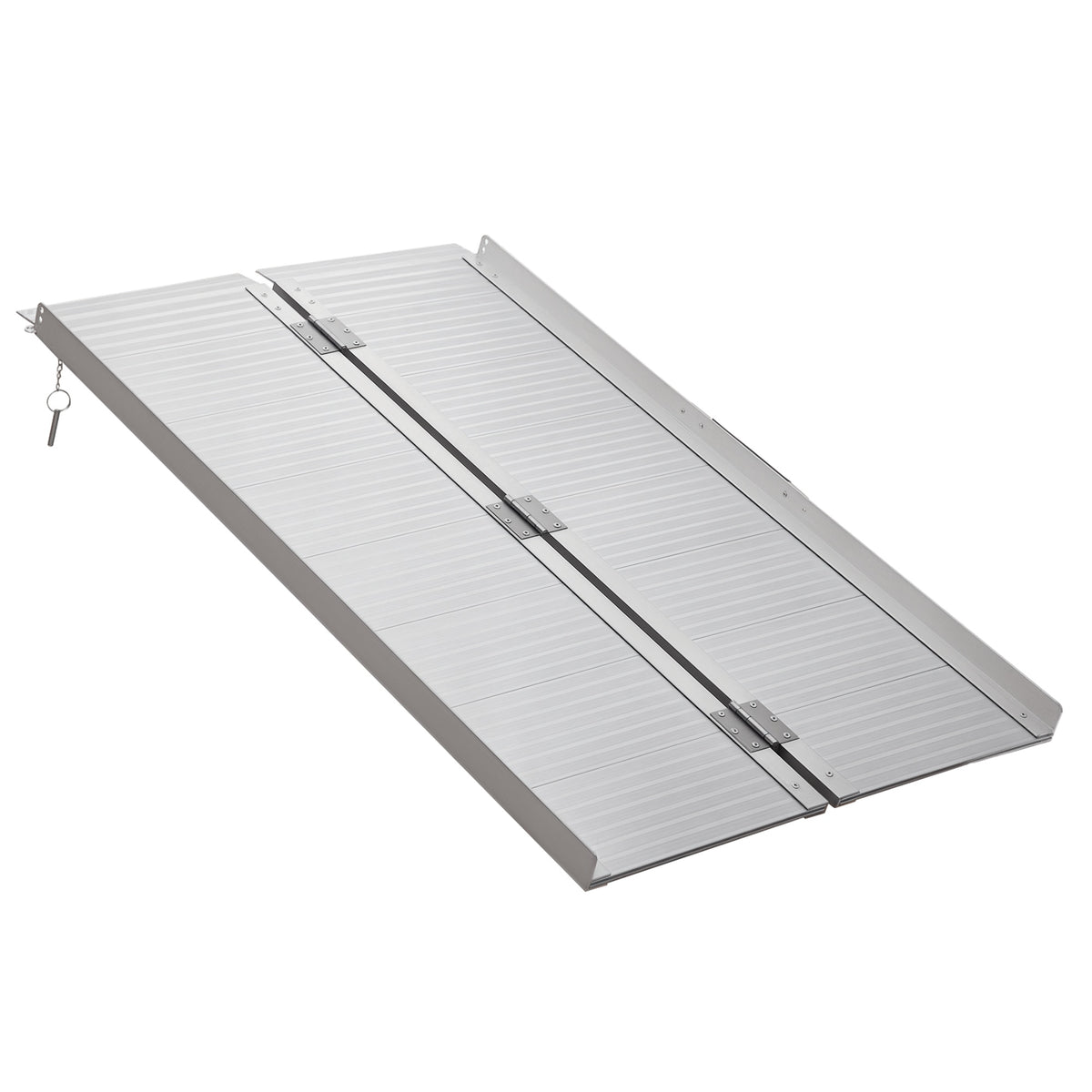 HOMCOM aluminum wheelchair ramp unfolded with twin panels, center hinge, and raised side rails