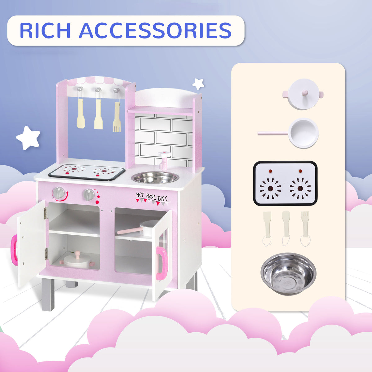 Pink pretend kitchen with open cabinets and included toy pots, pans, and utensils