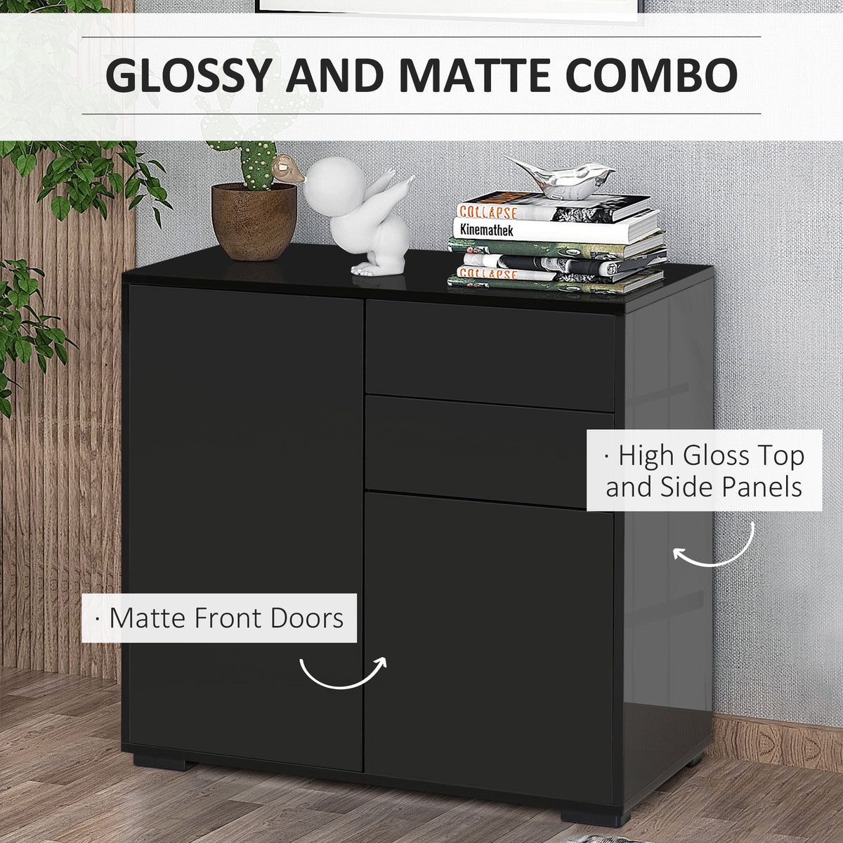 Black sideboard with a glossy top and sides, matte front door and three drawers