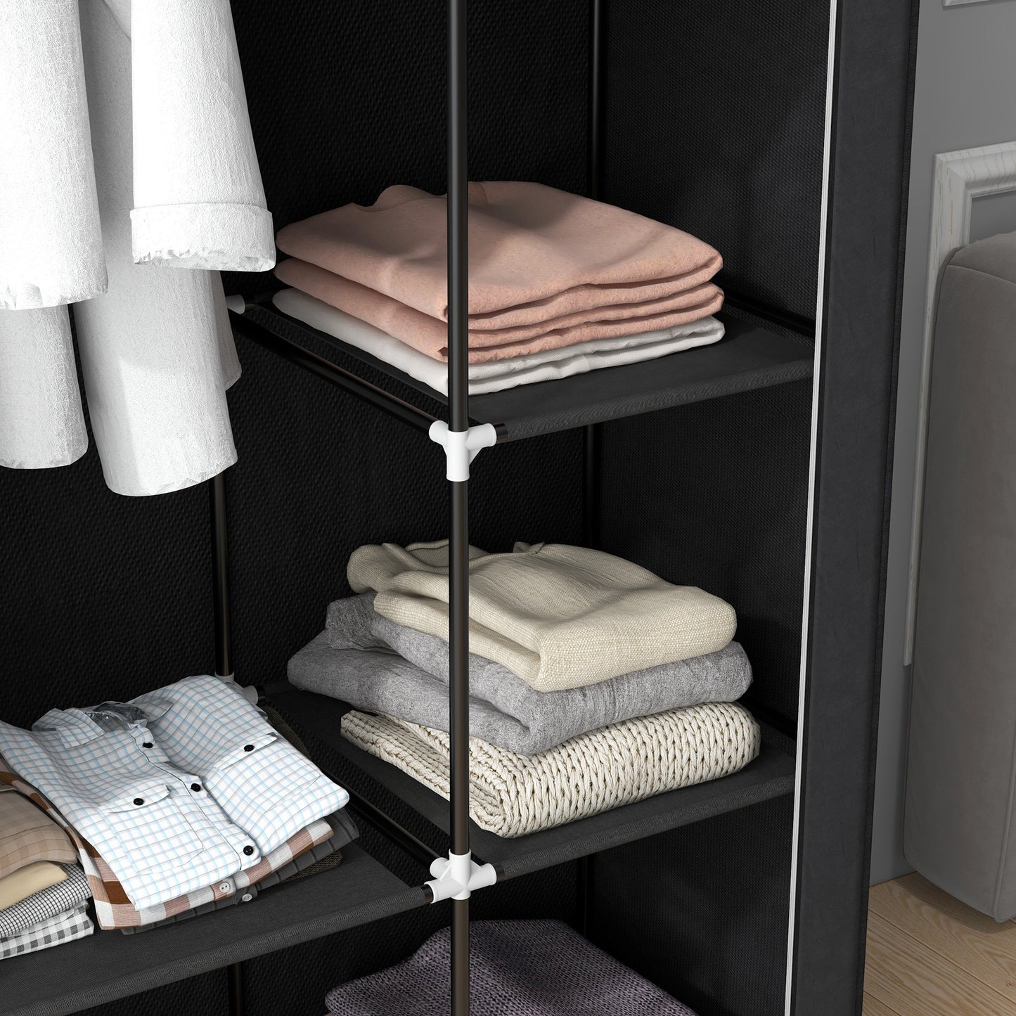 HOMCOM Fabric Wardrobe w/ Shelves Hanging Rail Foldable Wardrobe Black