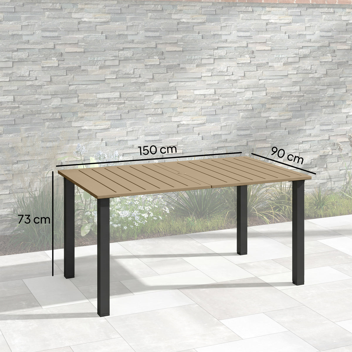Outsunny garden dining table, 150 by 90 cm and 73 cm high, with brown slatted top
