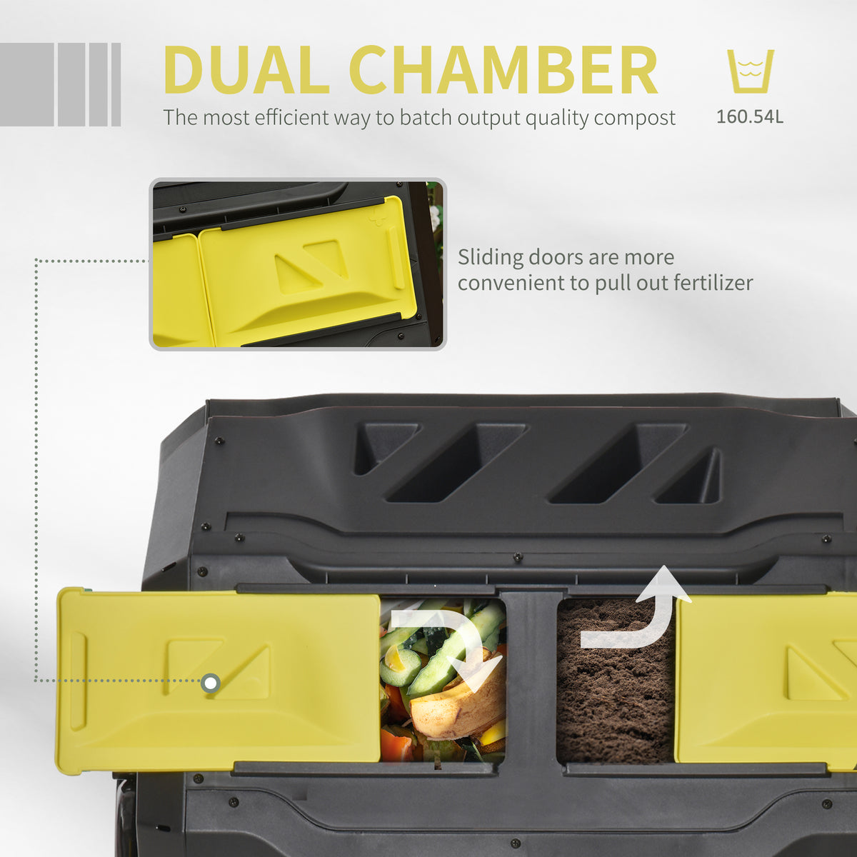 Outsunny dual-chamber composter with sliding doors open, showing food scraps and compost.