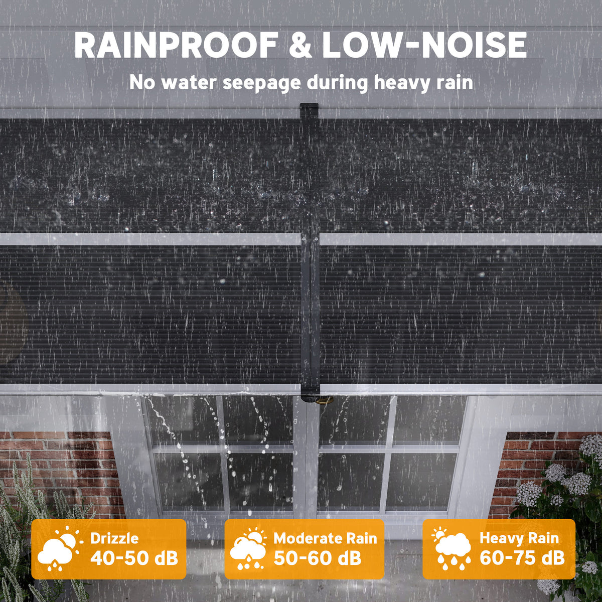 Outsunny black door canopy shown protecting an entrance from heavy rain