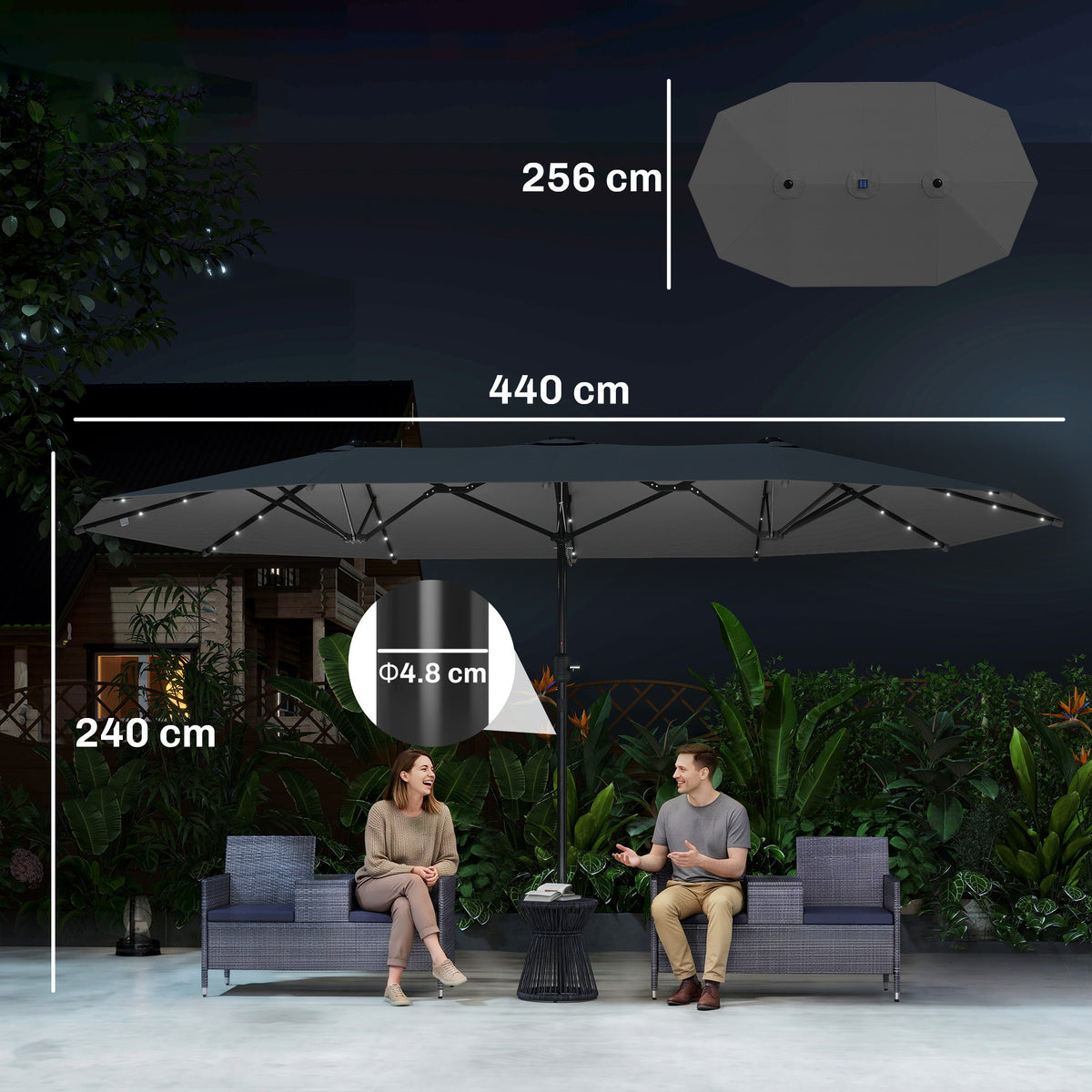 Outsunny 4.4 m double-sided umbrella shown with canopy and pole dimensions