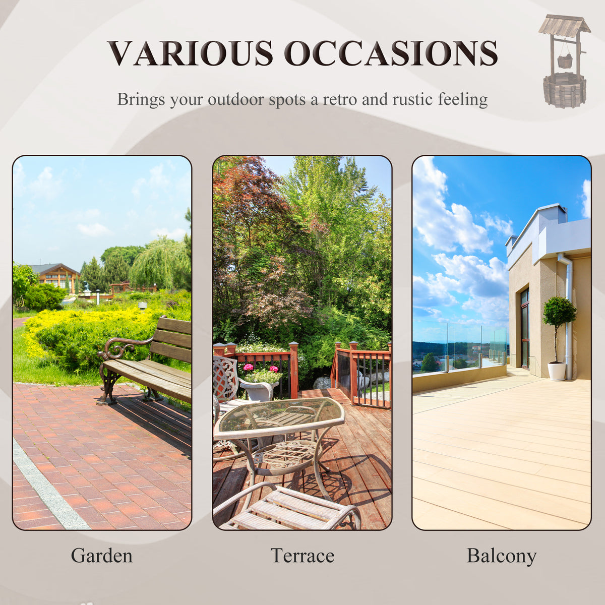 Wooden wishing well planter featured for use in a garden, terrace, or balcony