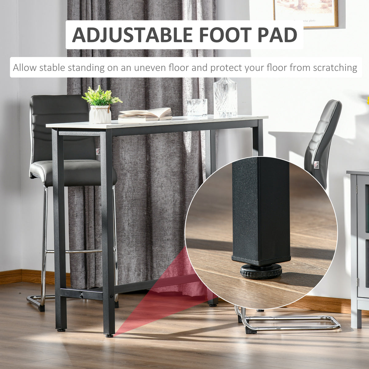 HOMCOM bar table with adjustable foot pads on its black metal legs