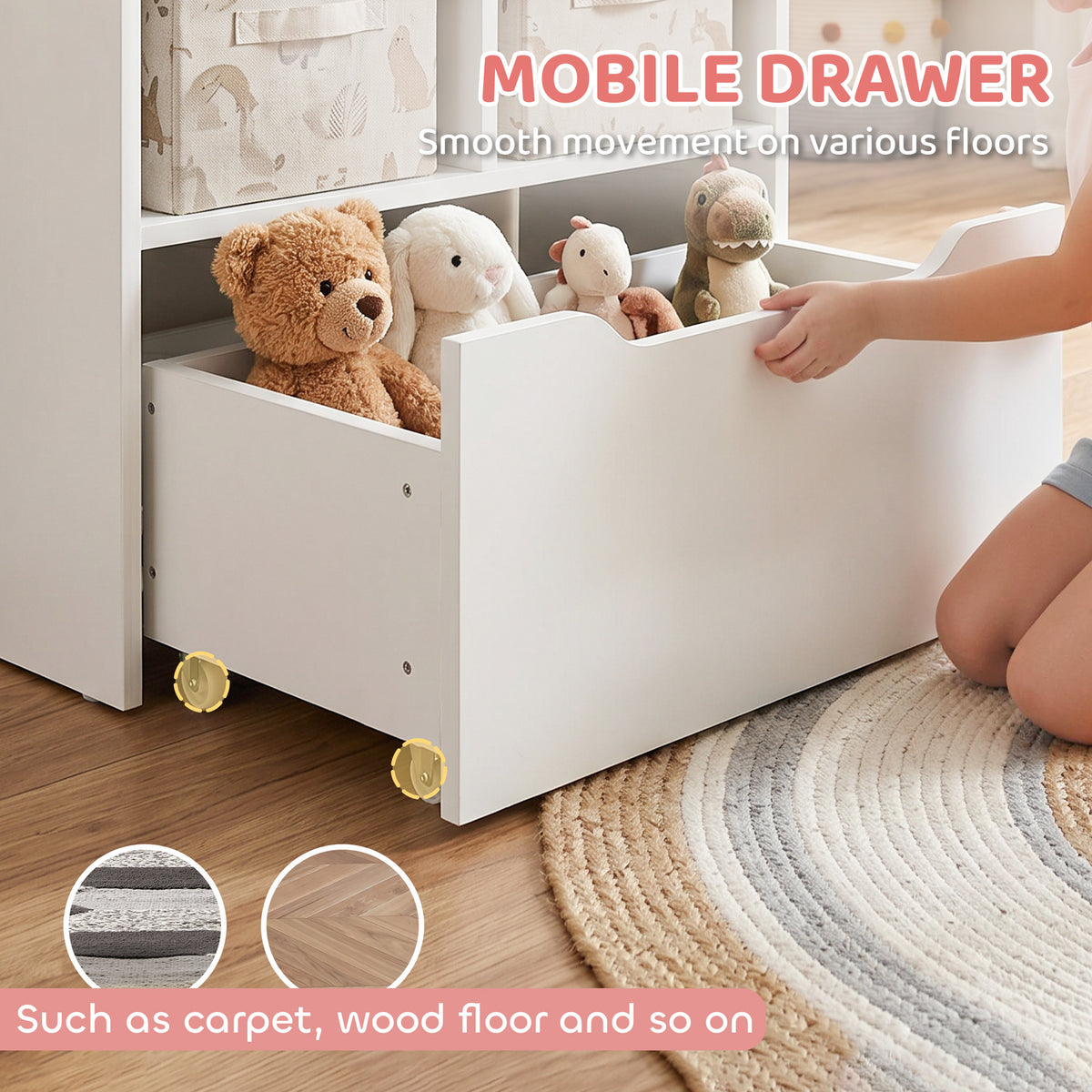Large white storage drawer on wheels, pulled out from a kids' bookshelf with stuffed toys inside.