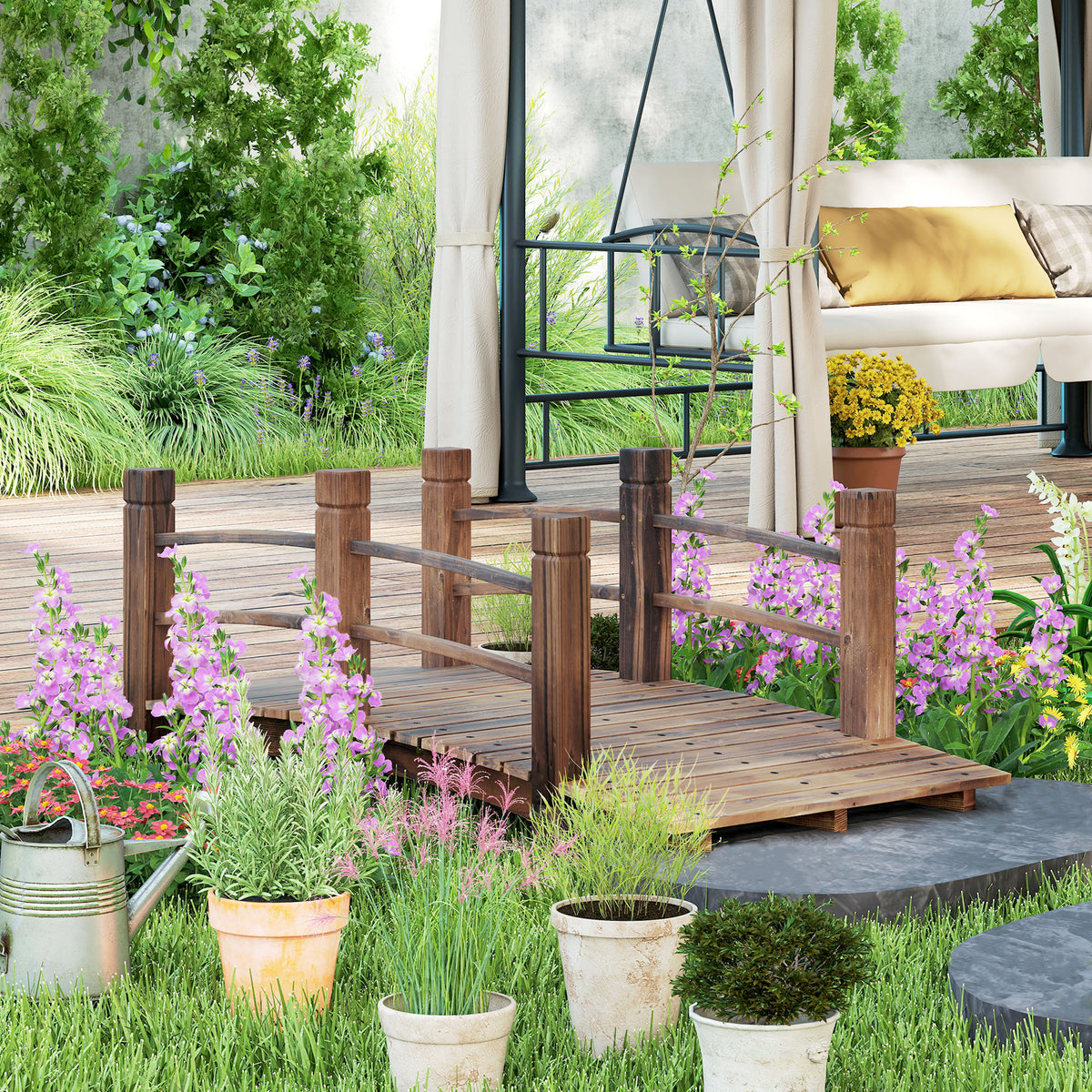 Outsunny 1.5M Wooden Garden Bridge Lawn Décor Stained Finish Arc Outdoor Pond Walkway w/ Railings Water Yard Decoration