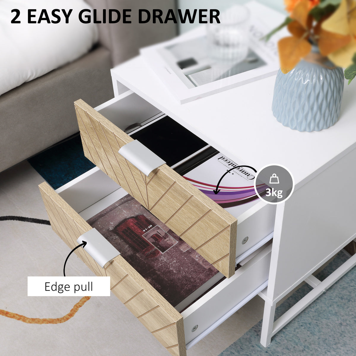 HOMCOM bedside table with two open drawers and oak-patterned fronts
