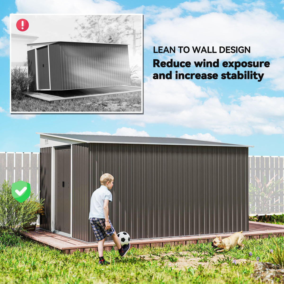 Grey lean-to garden shed beside a fence, showing its wall-hugging design
