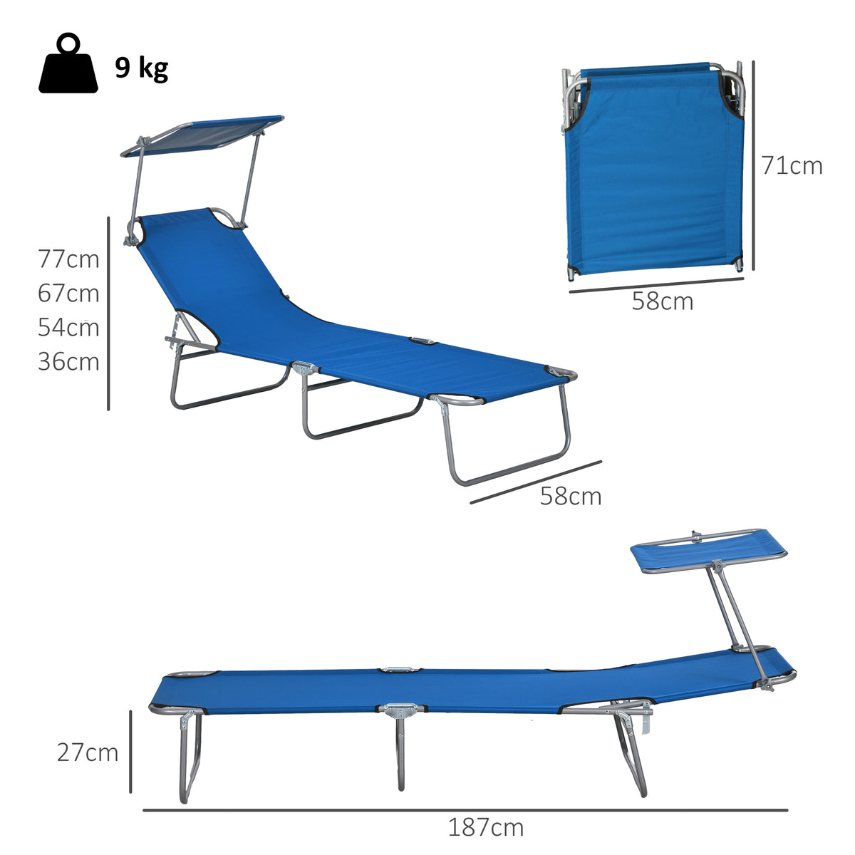 Blue folding sun lounger with canopy, shown with dimensions and folded size