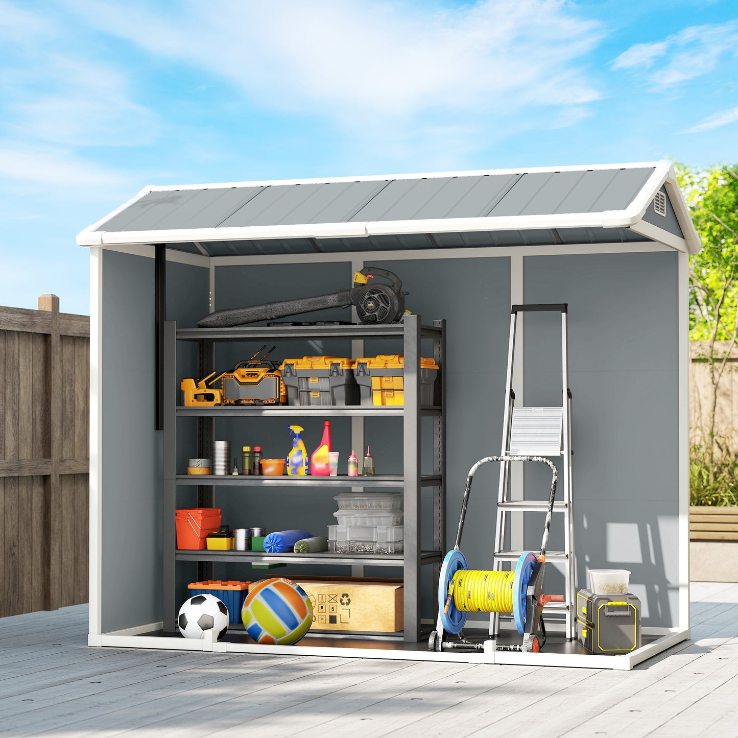 Outsunny 8 x 4 ft Plastic Garden Shed, Wood-Effect Outdoor Storage Shed with Floor, Windows, Lockable Doors and Vents, Light Grey
