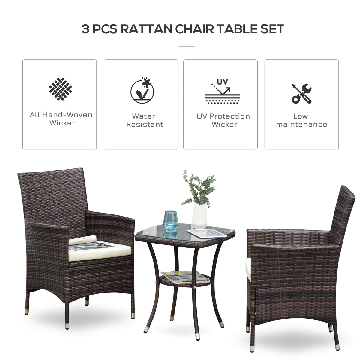 Three-piece brown rattan chair and table set with hand-woven wicker construction
