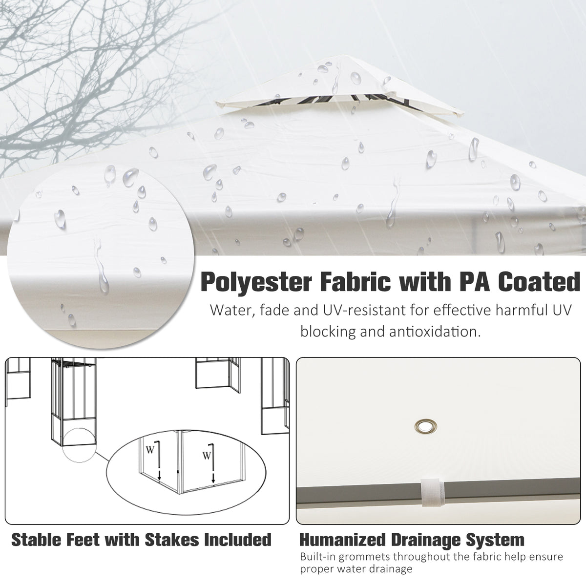 Outsunny gazebo canopy detail showing coated fabric, drainage grommet, and feet with stakes