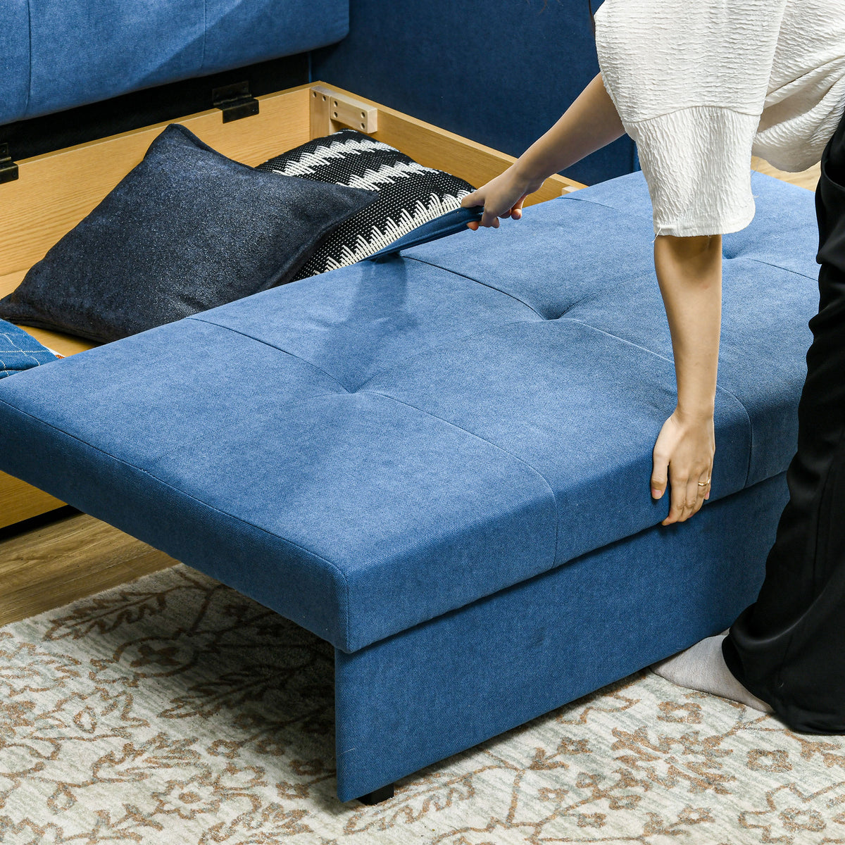 HOMCOM 2 Seater Sofa Bed with Hidden Storage, Pull Out Convertible Bed Settee, Modern Snow Flannel Loveseat Sofa Sleeper with 2 Cushions for Living Room, Guest Room, Deep Blue