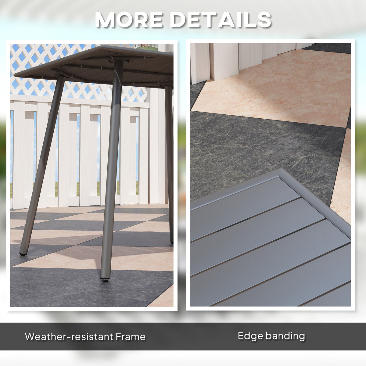 Outsunny table details showing weather-resistant steel legs and edged slat top