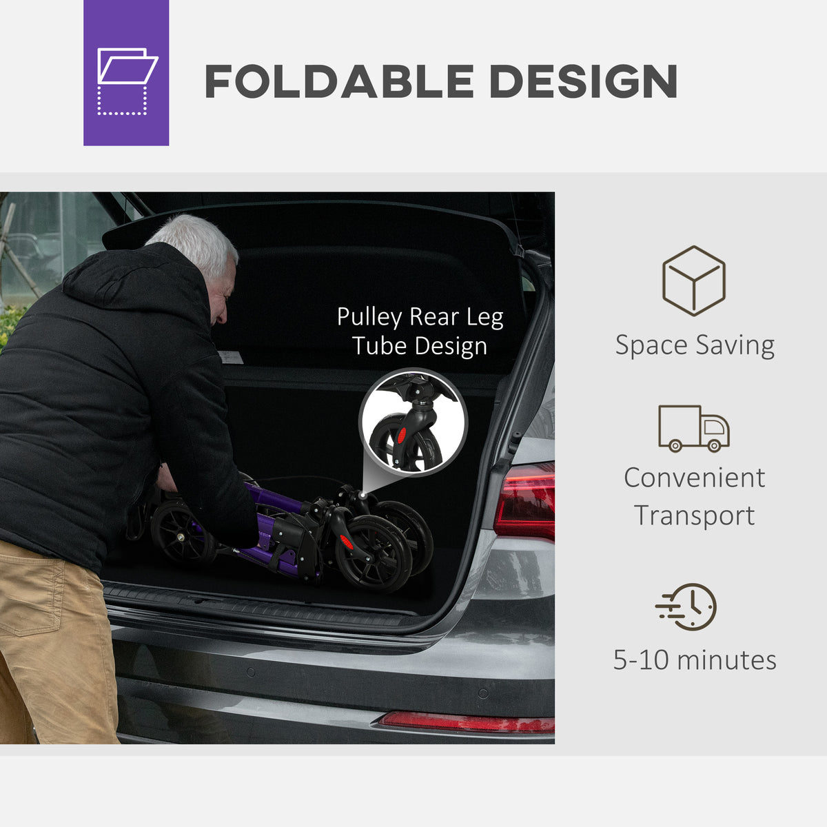 Purple rollator walker folded for transport in a car trunk