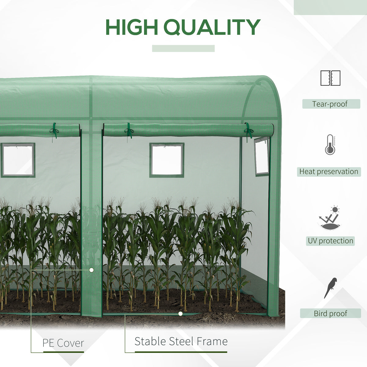Green walk-in greenhouse with PE cover, steel frame, windows and crops inside.