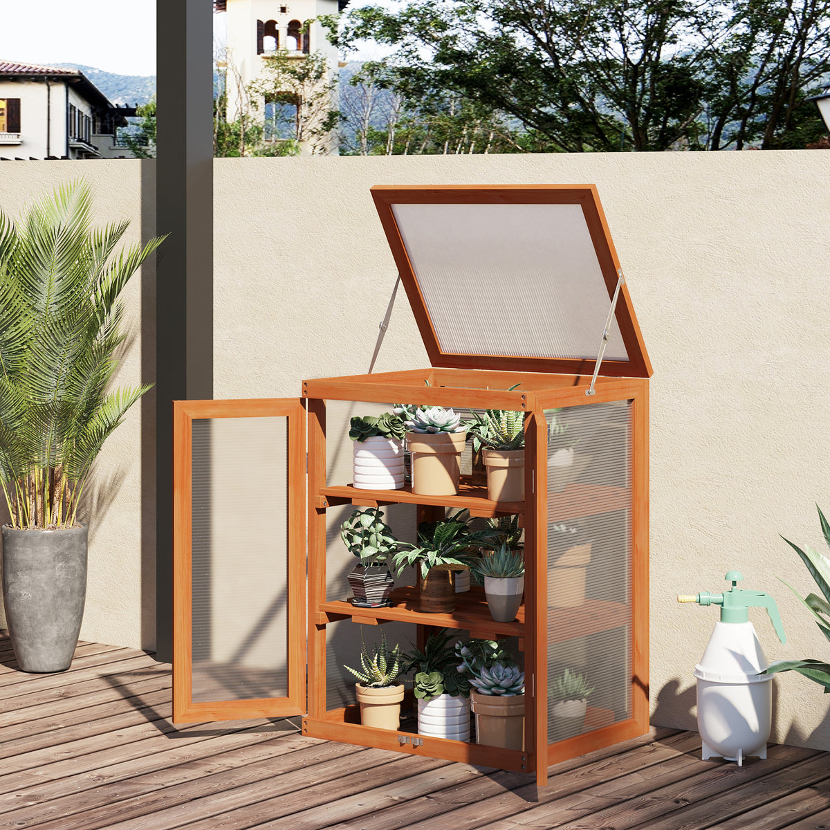 Outsunny 3-tier Wood Greenhouse Garden Polycarbonate Cold Frame Balcony Grow House with Storage Shelf for Plants, Flowers, Orange