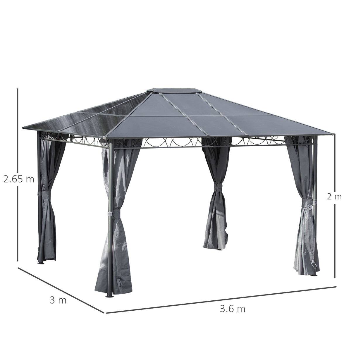 Outsunny grey gazebo with tied curtains and dimensions of 3 by 3.6 meters