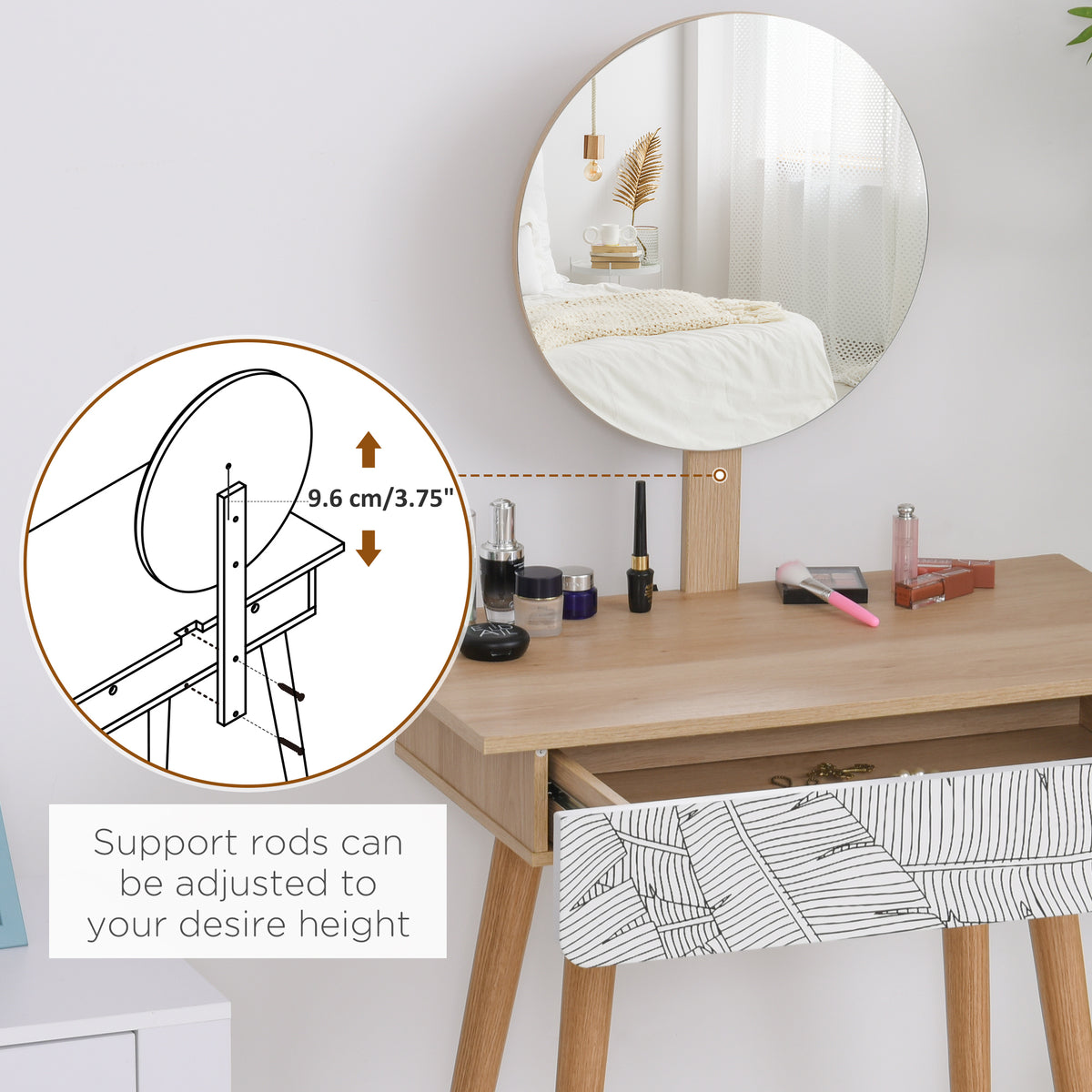 Oak-finish dressing table with round mirror and patterned drawer; mirror support height is adjustable.