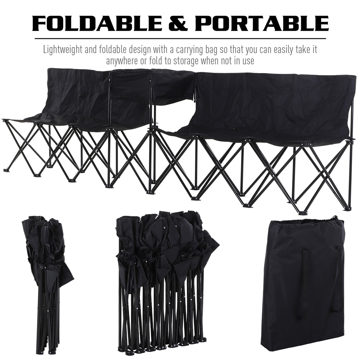 Black folding sports bench with its compact folded form and carrying bag