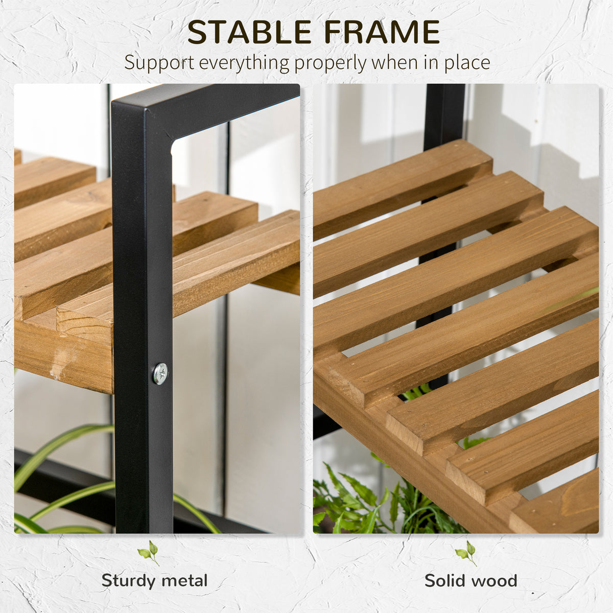 Plant stand detail showing a sturdy black metal frame and solid wood slatted shelves