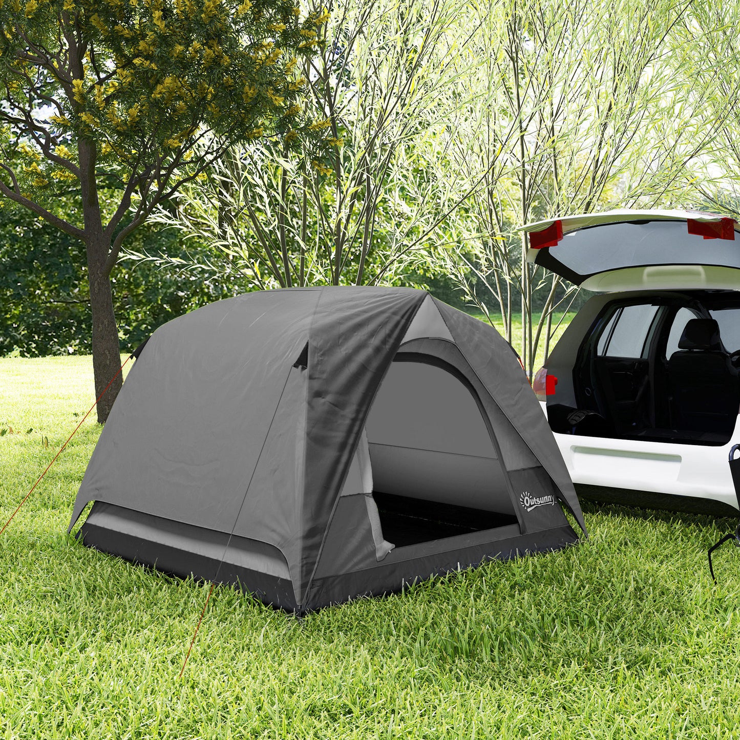 Outsunny Camping Tent, Easy Set Up 2-3 Man Tent with Sewn-in Groundsheet, 3000 mm Dome Tent w/ Mesh Windows, Dark Grey