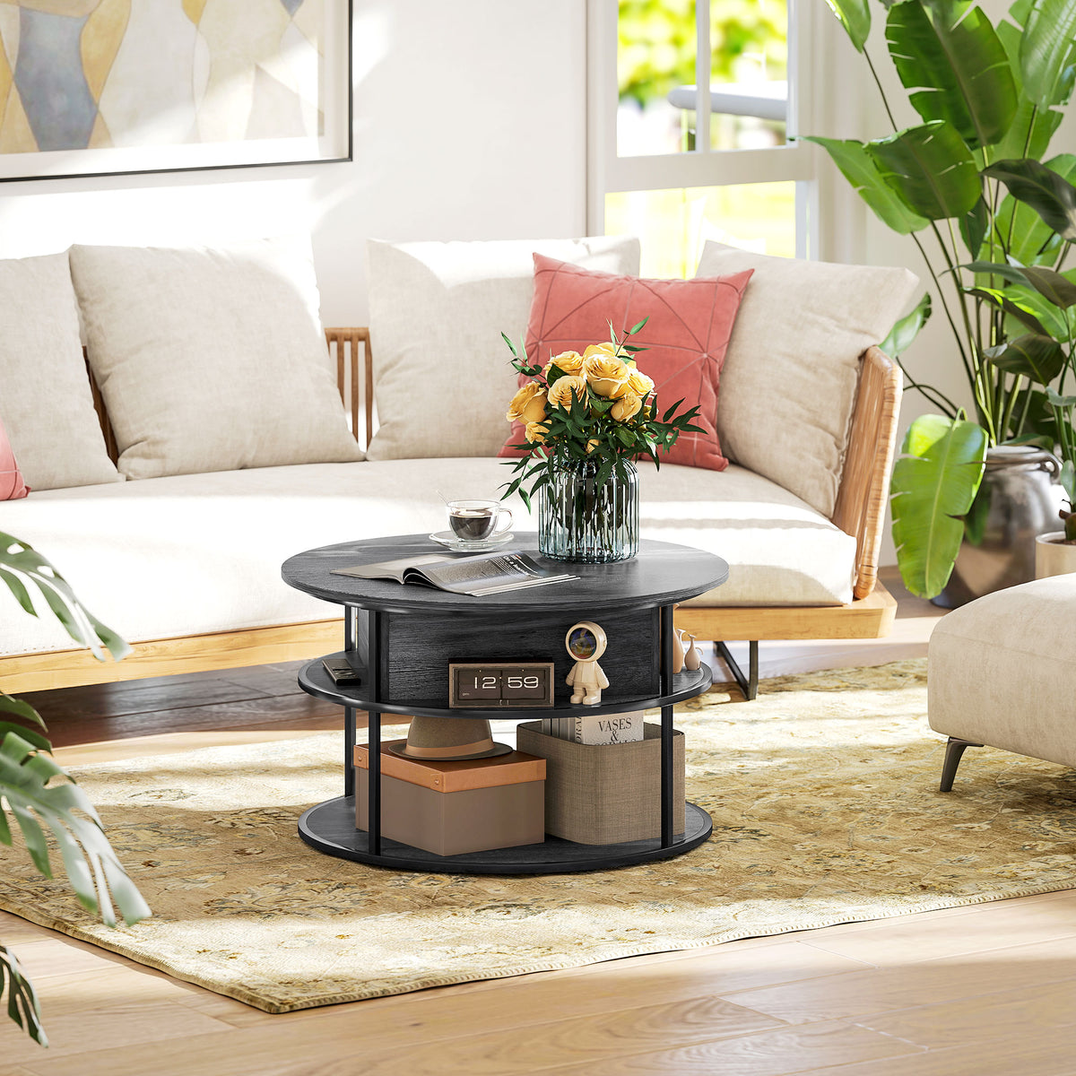 HOMCOM Lift Top Coffee Table, Round Coffee Table with Storage Shelf, Hidden Compartment and Steel Frame for Living Room, Home Office, Charcoal Grey