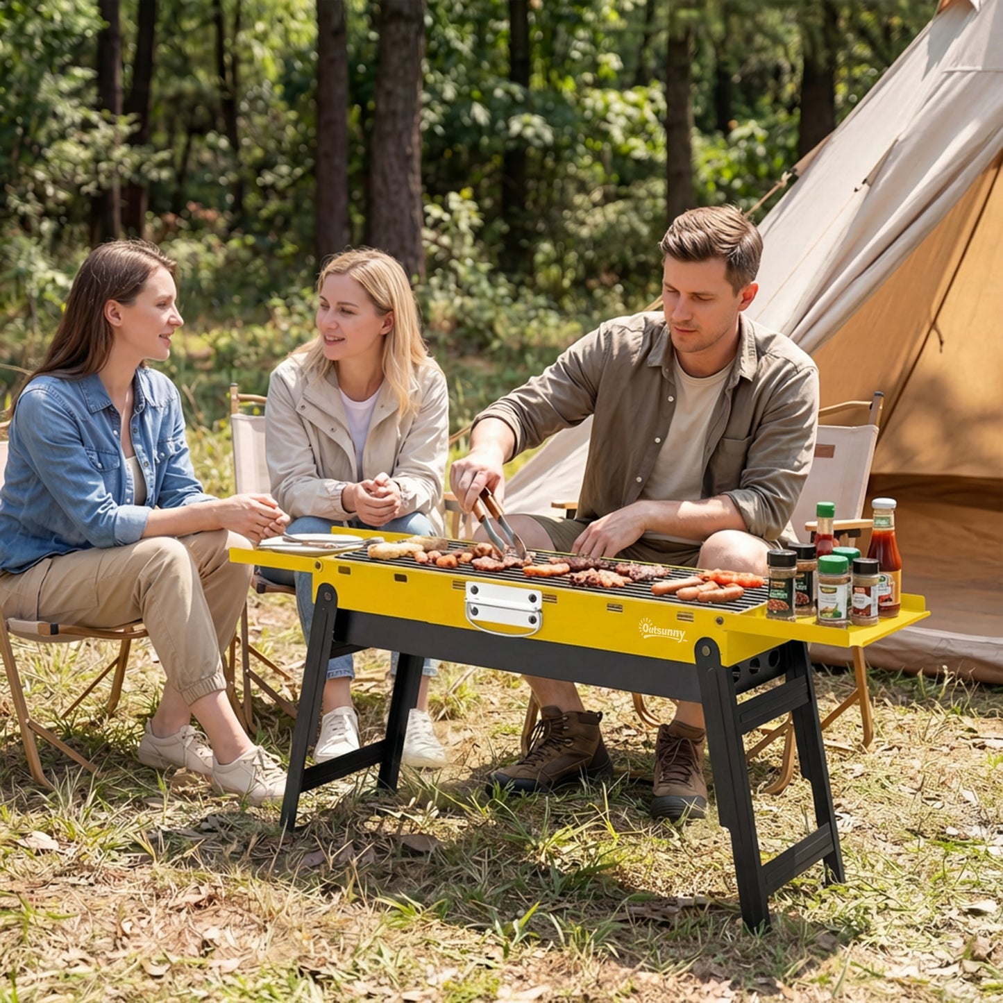 Outsunny Portable BBQ Grill, Foldable Charcoal Grill for Camping and Picnics with 2 Side Shelves and Handle, Yellow