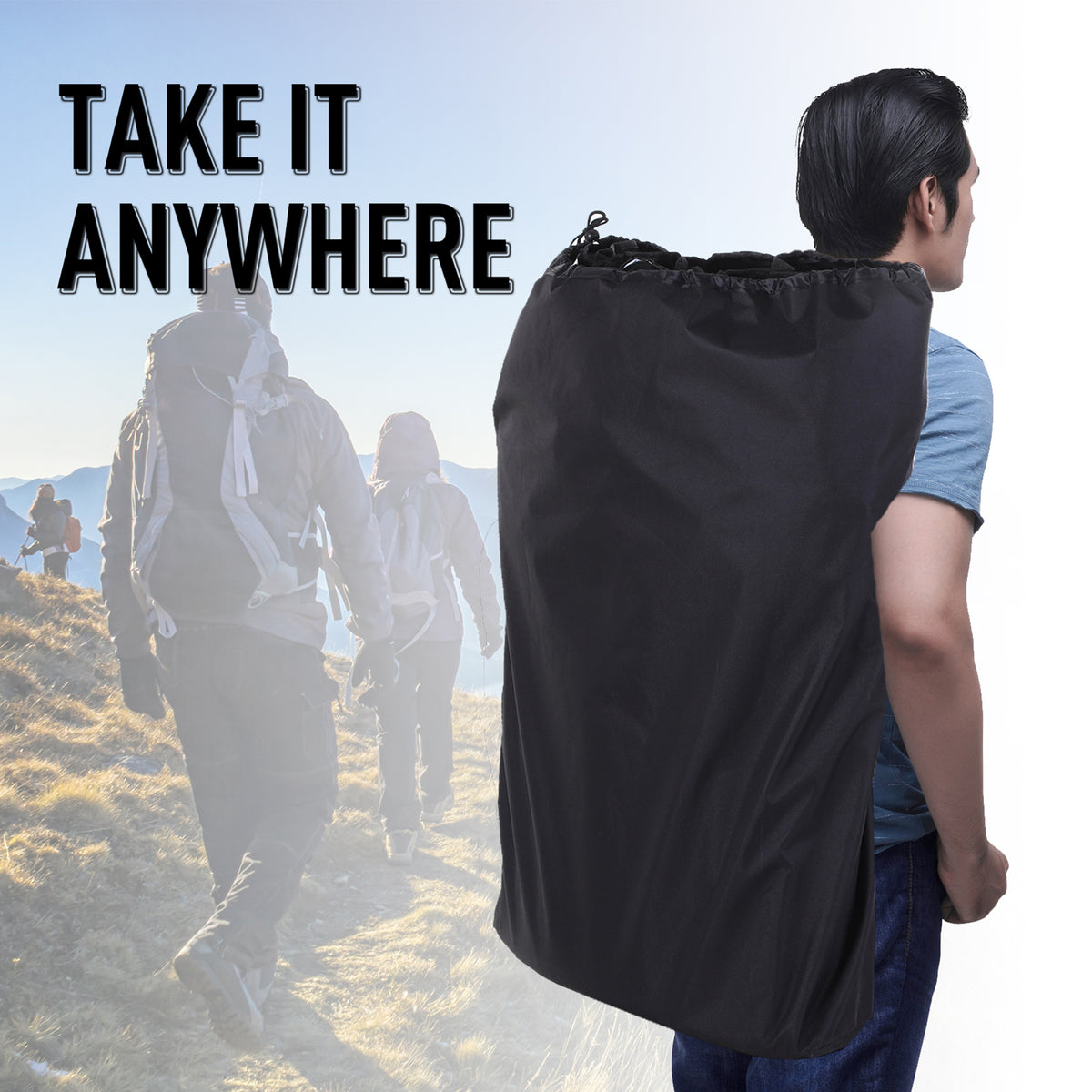 Black carrying bag for a folding sports bench, worn as a backpack