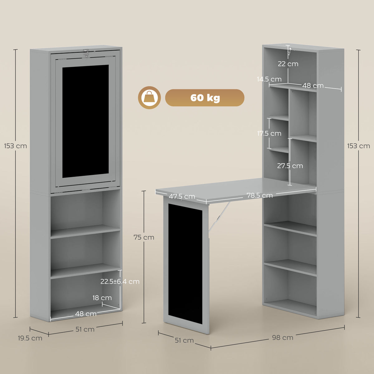 Grey convertible desk with shelving and blackboard panel, shown open and folded with dimensions.
