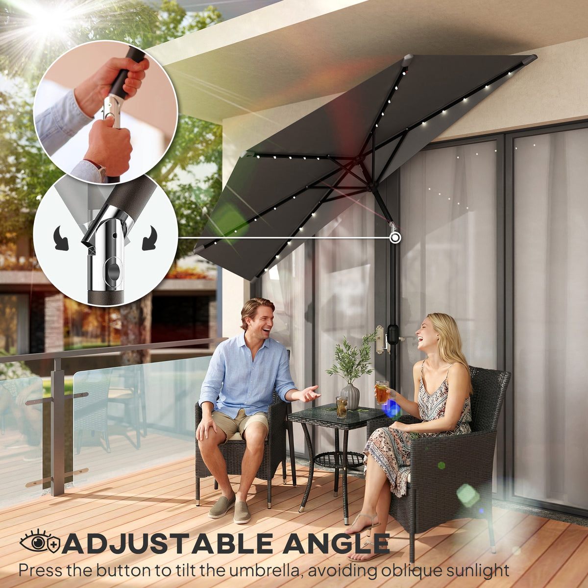 Outsunny 2.6 m Half Garden Parasol with Solar LED Lights, UPF50+ Semi Round Umbrella with 30° Tilt, Crank Handle, Dark Grey