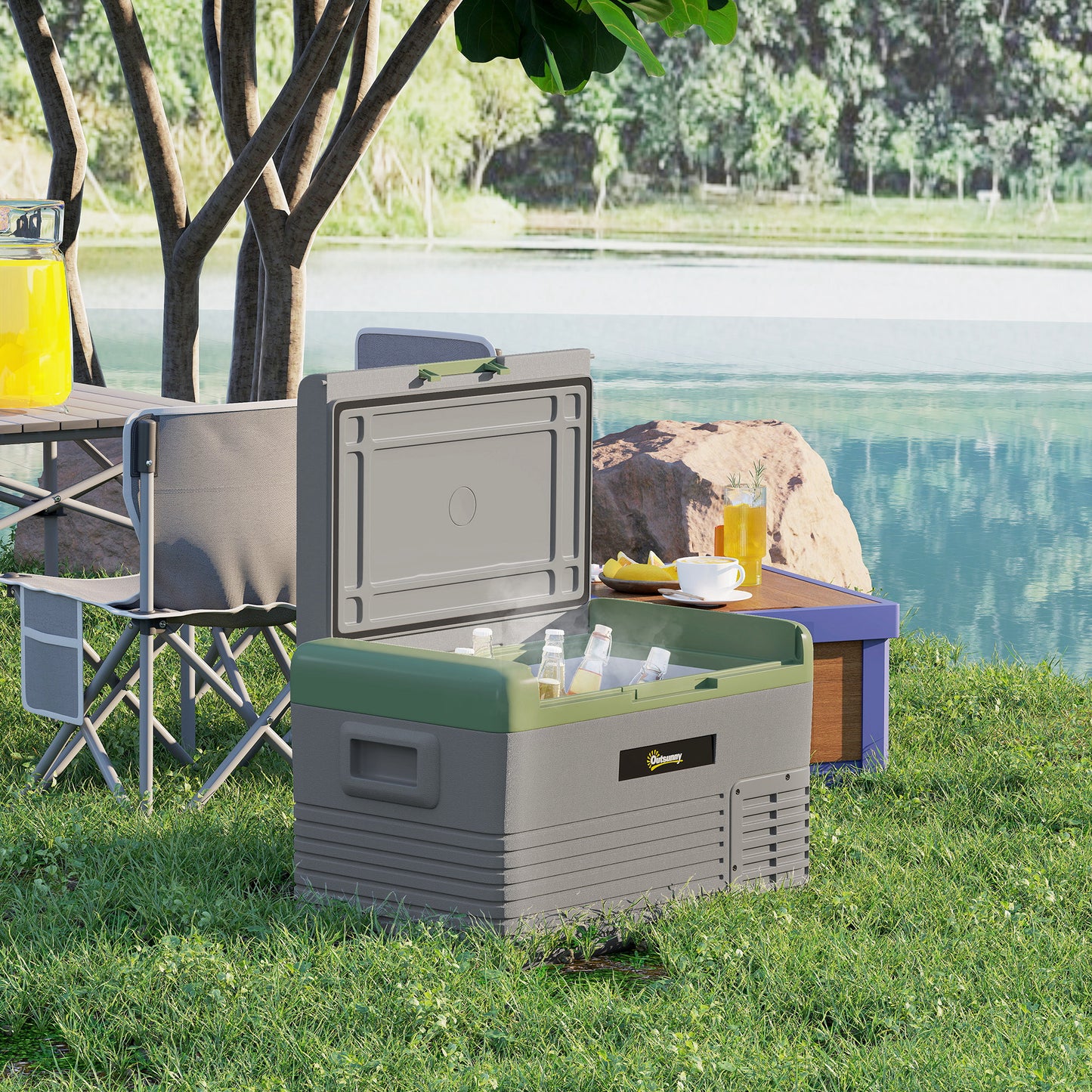 Outsunny 30L Portable Car Refrigerator - Light Green and Grey
