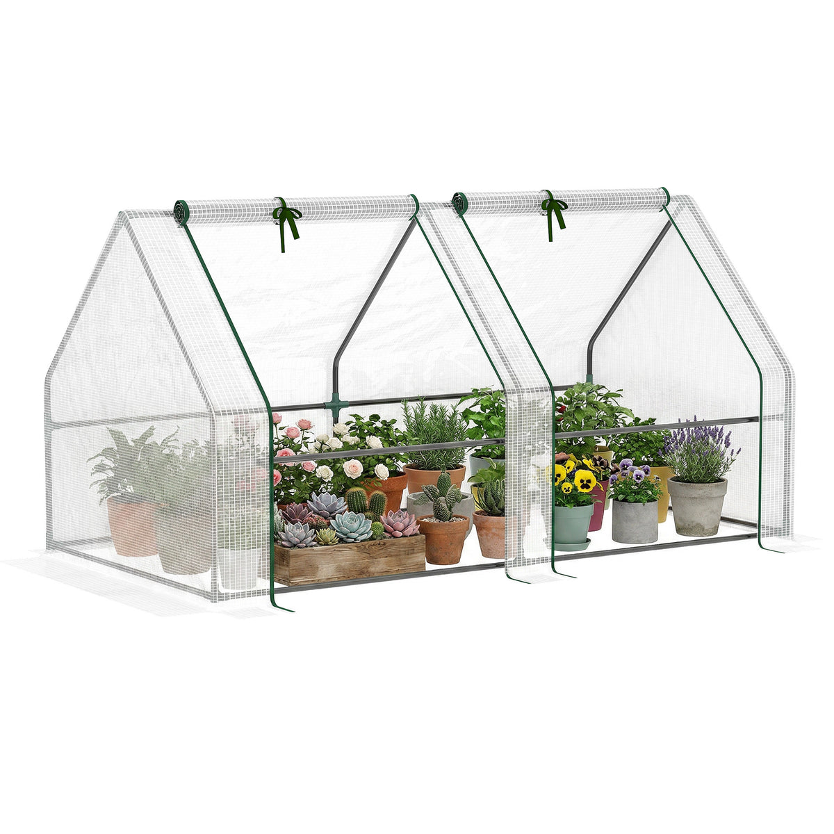Mini greenhouse with clear cover, two roll-up doors, and potted plants inside