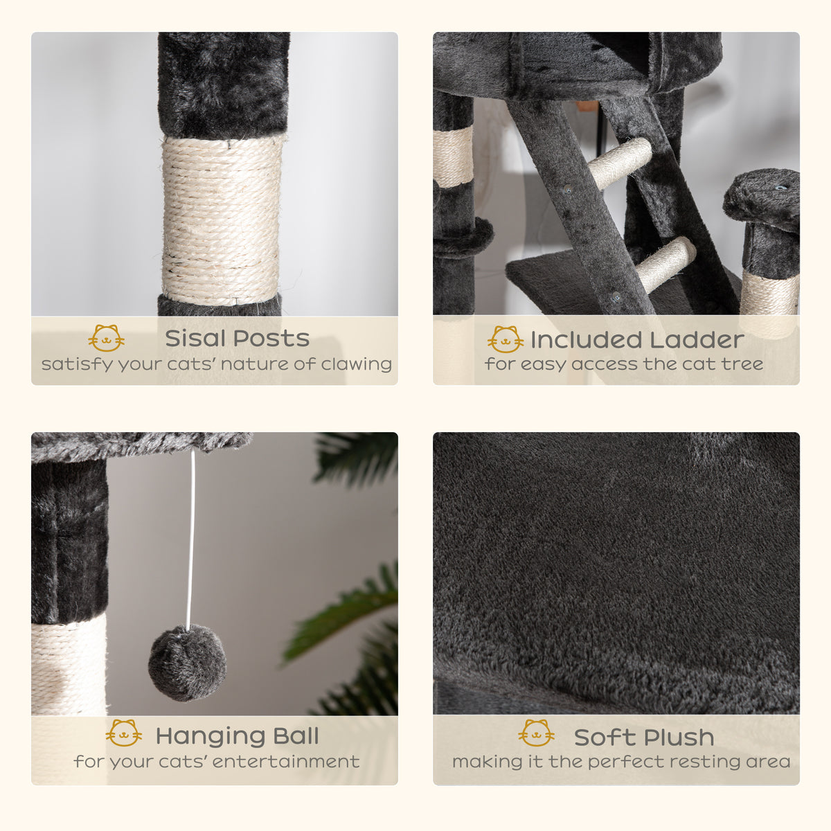 Cat tree details: sisal-wrapped posts, ladder, hanging ball and soft plush covering