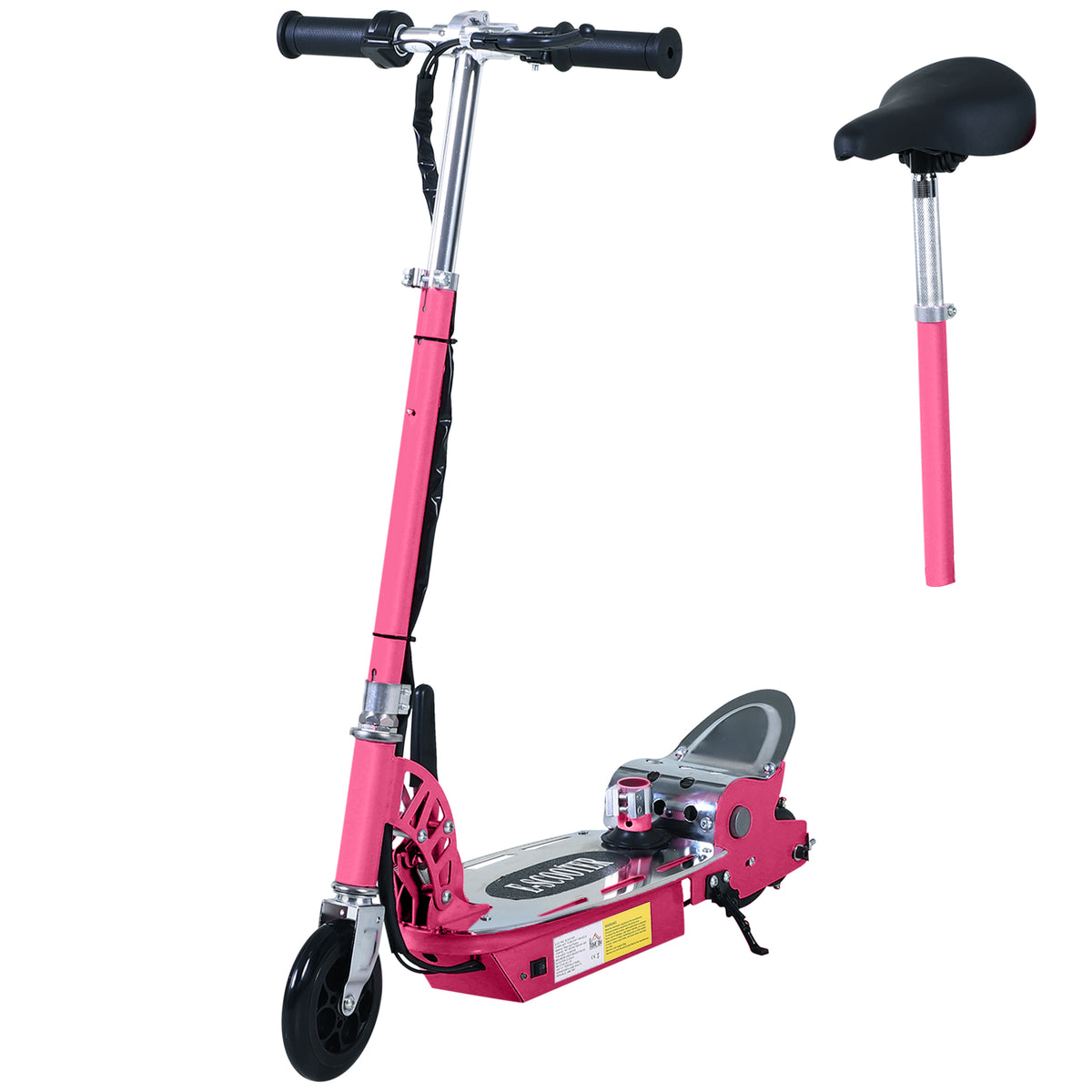 HOMCOM pink electric scooter with adjustable handlebar, seat, foot brake, and foldable frame