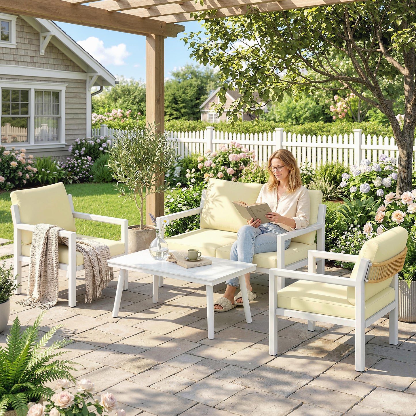 Outsunny 4 Seater Rattan Garden Furniture Set with 2 Armchairs, Loveseat, Coffee Table, Garden Sofa Set with Cushions, Brown