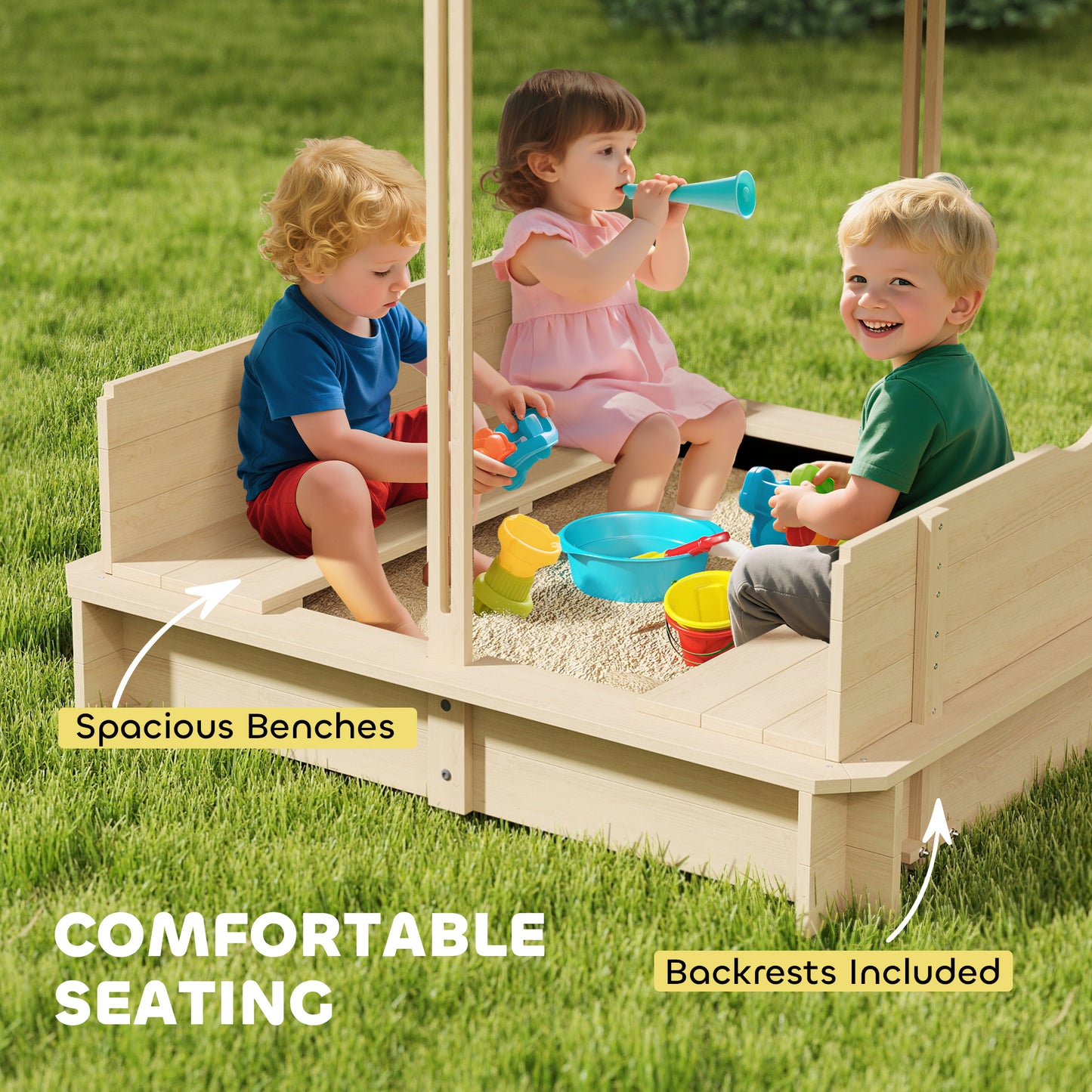 Outsunny Kids Square Wooden Sandpit, Children Sandbox Outdoor Playset