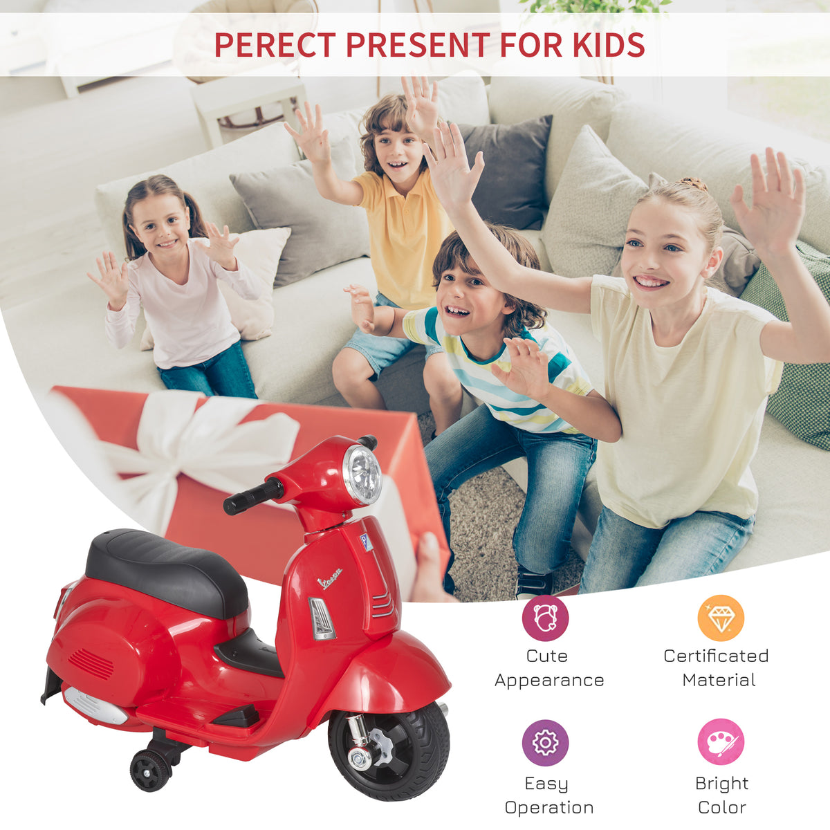 Red Vespa kids' electric ride-on motorcycle with black seat and training wheels
