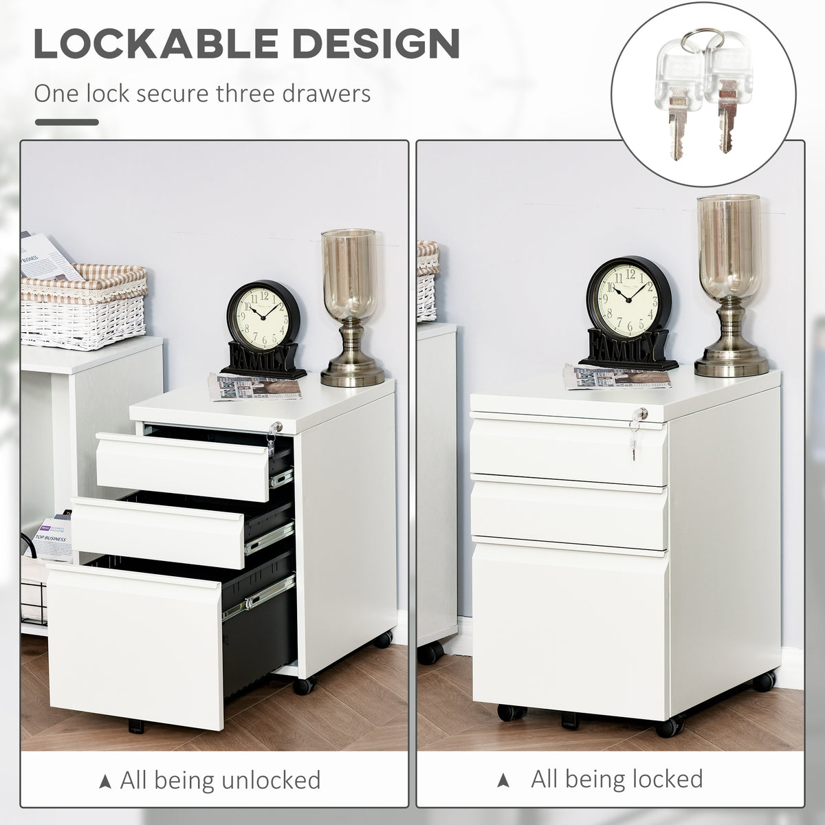White three-drawer filing cabinet shown unlocked with drawers open and locked with drawers closed.
